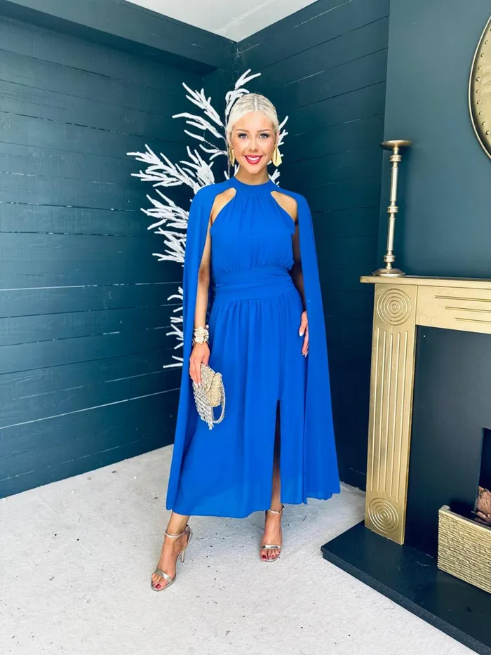 Women Midi Canella Lane Sorcha Cape Detail Occasion Dress Royal