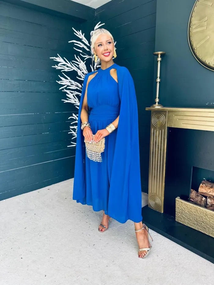 Women Midi Canella Lane Sorcha Cape Detail Occasion Dress Royal