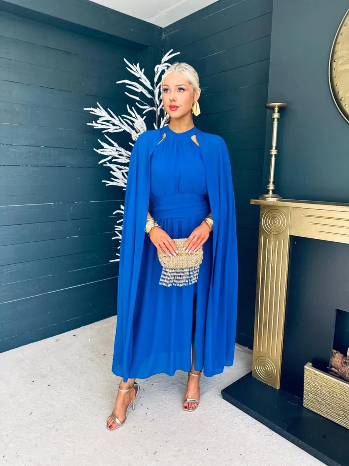 Women Midi Canella Lane Sorcha Cape Detail Occasion Dress Royal