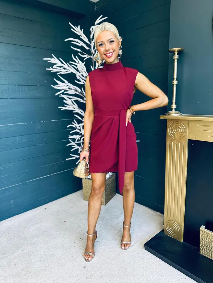 Women Mini Canella Lane Darcy High Neck Mini Dress Burgundy