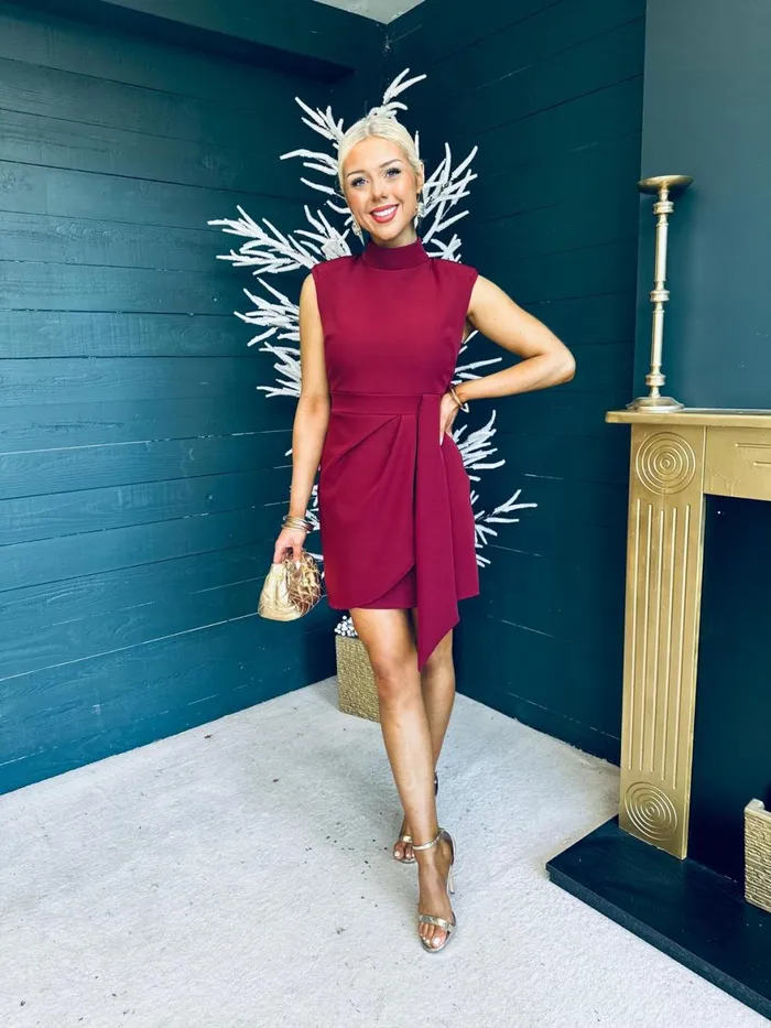 Women Mini Canella Lane Darcy High Neck Mini Dress Burgundy