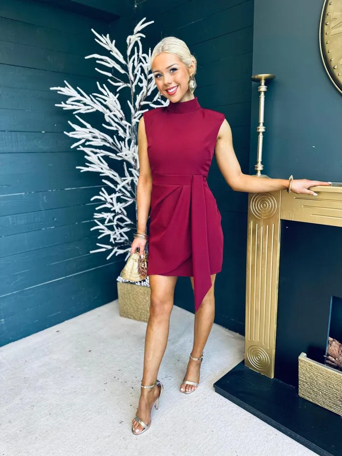 Women Mini Canella Lane Darcy High Neck Mini Dress Burgundy