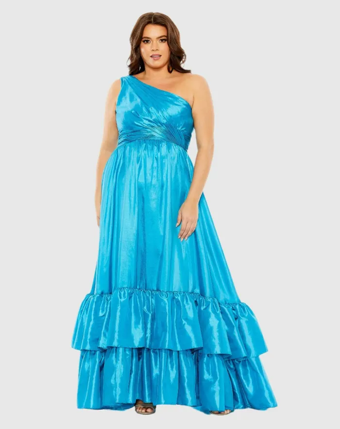 Women One Shoulder Asymmetrical Ruffle Hem Gown Turquoise Plus Size Dresses Mac Duggal