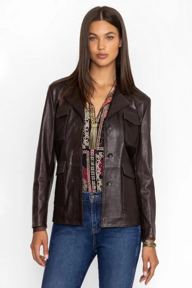 Women Outerwear Johnny Was PATCH POCKET ITALIAN LEATHER JACKET Chocolate
