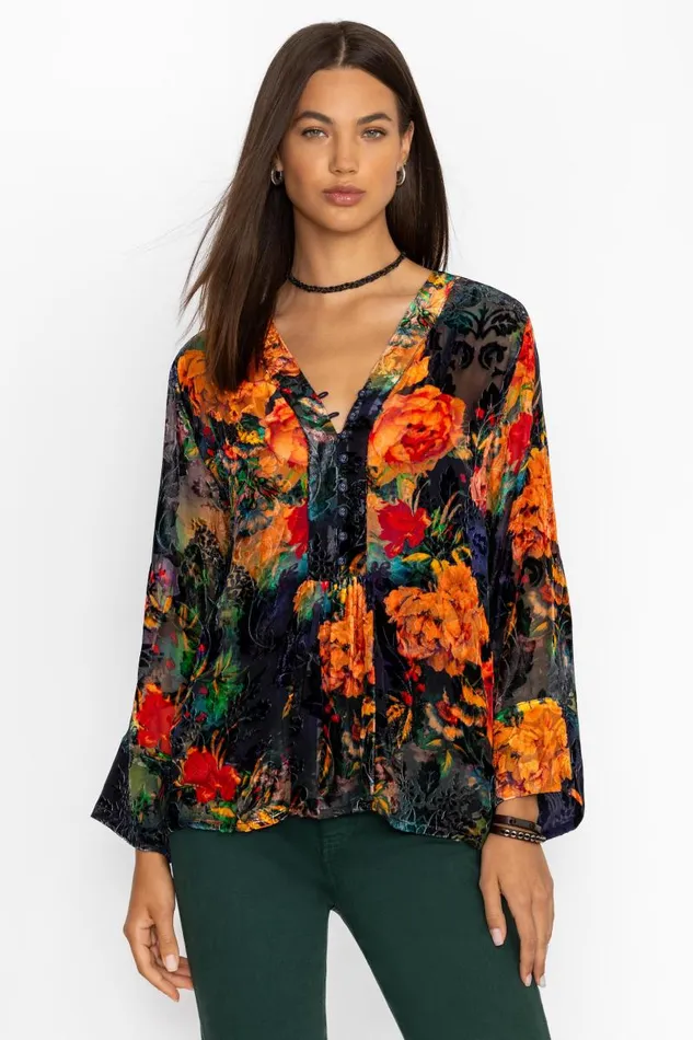 Women Petites Johnny Was BOTINA BURNOUT BLOUSE Catalina Blue Burnout