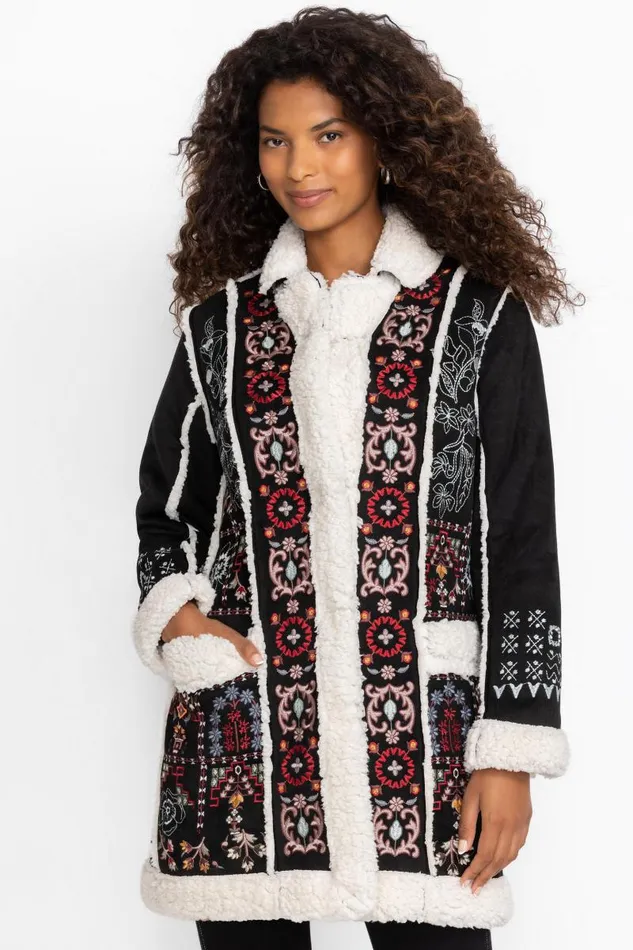 Women Petites Johnny Was LORI SUEDE SHERPA JACKET Black