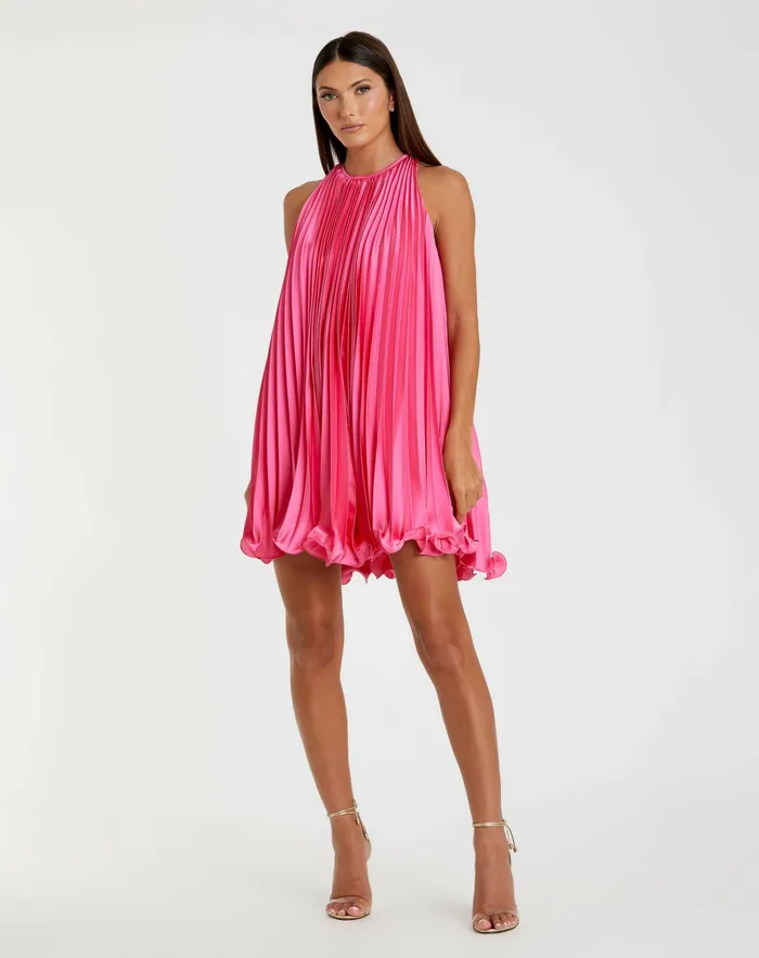 Women Pink Pleated Halter Neck Flowy Mini Trapeze Dress Candy Pink Cocktail Dresses Mac Duggal Women Pink Pleated Halter Neck Flowy Mini Trapeze Dress Candy Pink Cocktail Dresses Mac Duggal