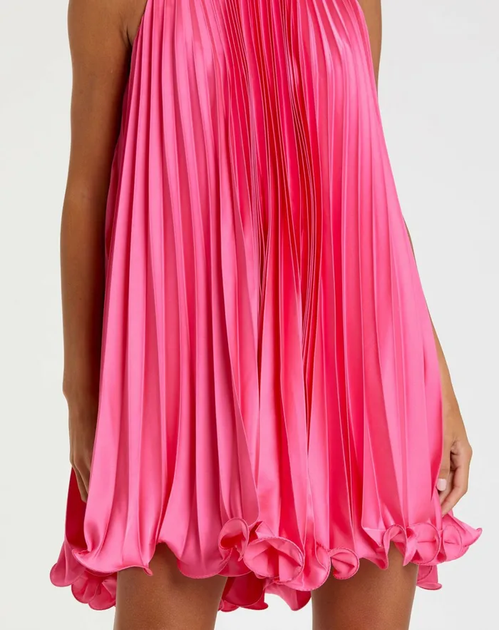 Women Pink Pleated Halter Neck Flowy Mini Trapeze Dress Candy Pink Cocktail Dresses Mac Duggal