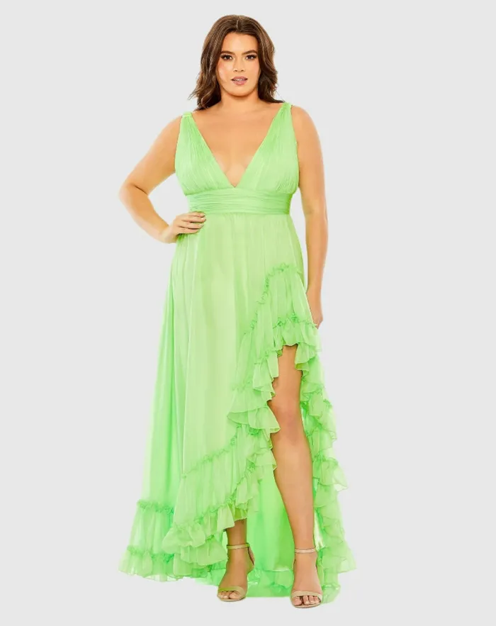 Women Plus Size Dresses Mac Duggal Plunge Neck Sleeveless Ruffle Tiered Front Slit Gown 8211 FINAL SALE Mojito Women Plus Size Dresses Mac Duggal Plunge Neck Sleeveless Ruffle Tiered Front Slit Gown 8211 FINAL SALE Mojito