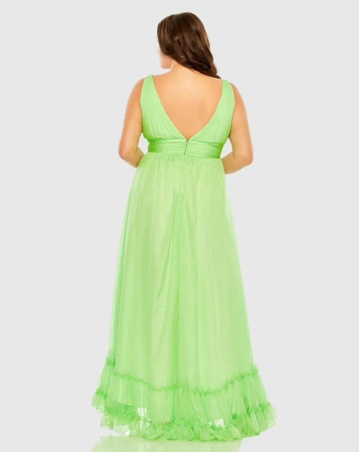 Women Plus Size Dresses Mac Duggal Plunge Neck Sleeveless Ruffle Tiered Front Slit Gown 8211 FINAL SALE Mojito