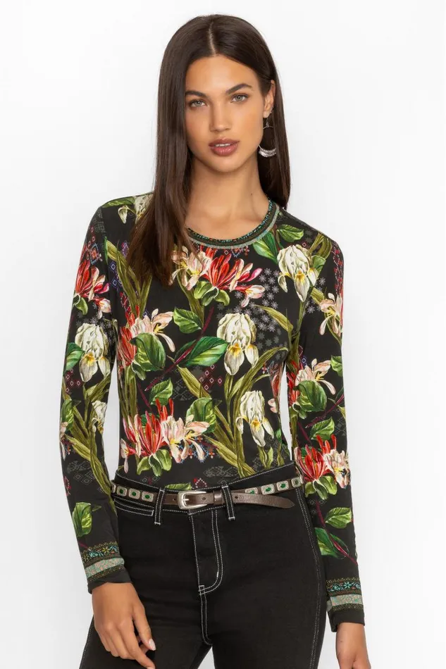 Women Plus Size Johnny Was The Janie Favorite Long Sleeve Crew Neck Swing Tee Iris Whisper Scarf Print