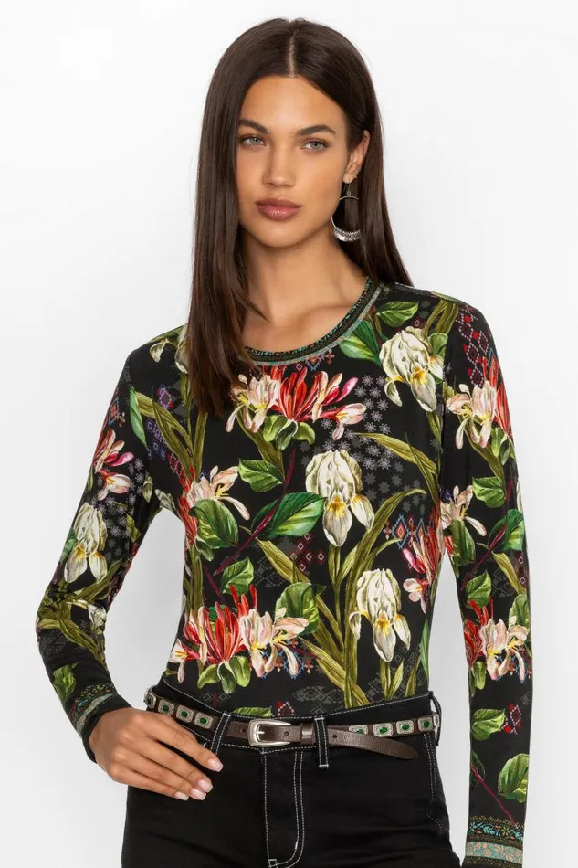 Women Plus Size Johnny Was The Janie Favorite Long Sleeve Crew Neck Swing Tee Iris Whisper Scarf Print Women Plus Size Johnny Was The Janie Favorite Long Sleeve Crew Neck Swing Tee Iris Whisper Scarf Print