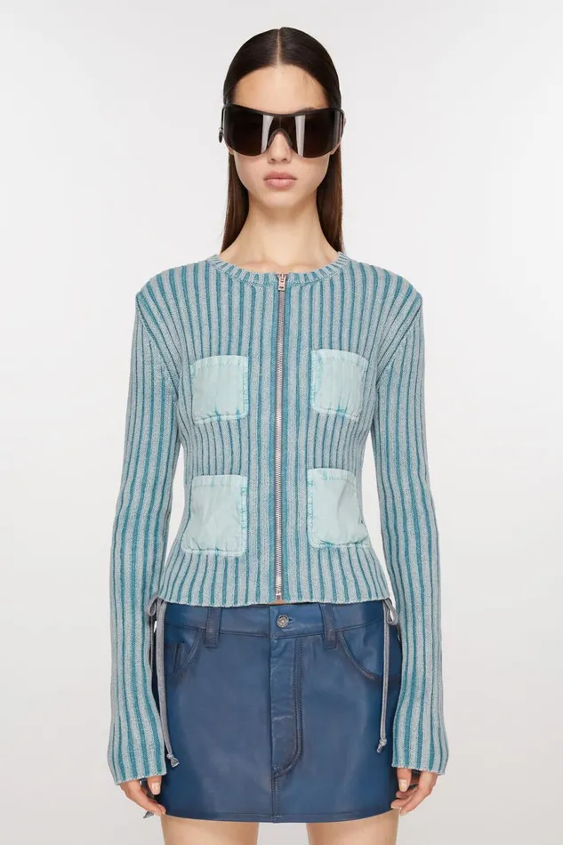 Women Ribbed Zip Cardigan Dusty Blue Acne Studios Knitwear