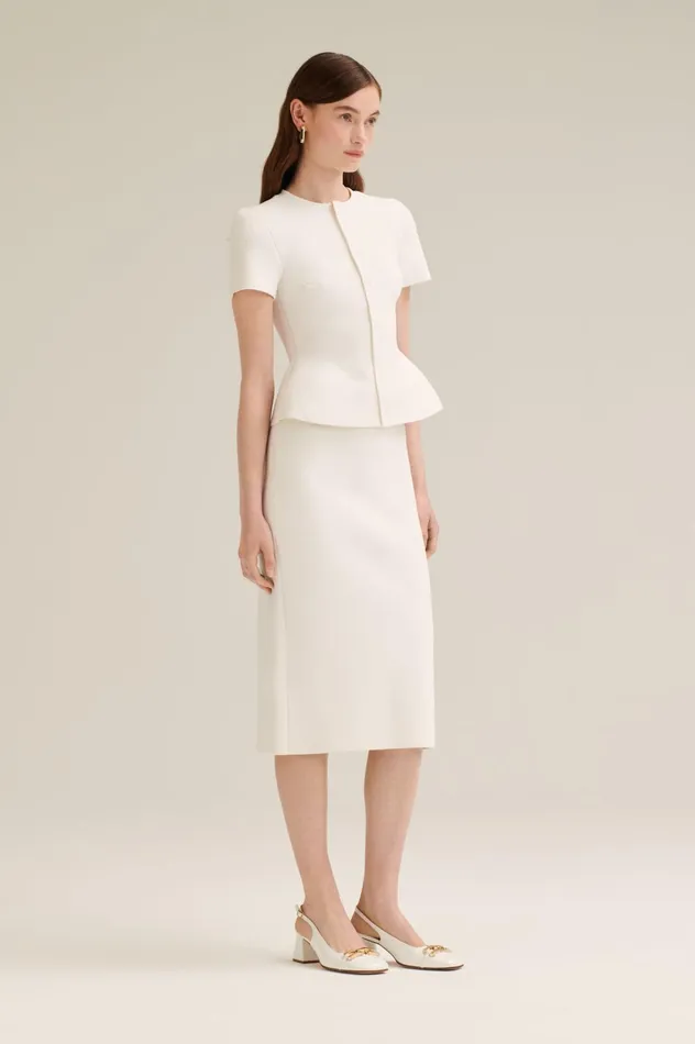 Women Scanlan Theodore Jackets CREPE KNIT SHORT SLEEVE PEPLUM JACKET White Women Scanlan Theodore Jackets CREPE KNIT SHORT SLEEVE PEPLUM JACKET White