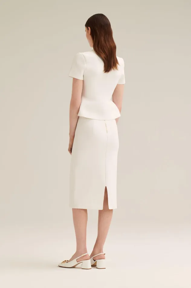 Women Scanlan Theodore Jackets CREPE KNIT SHORT SLEEVE PEPLUM JACKET White Women Scanlan Theodore Jackets CREPE KNIT SHORT SLEEVE PEPLUM JACKET White