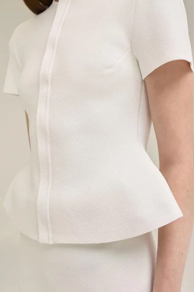 Women Scanlan Theodore Jackets CREPE KNIT SHORT SLEEVE PEPLUM JACKET White Women Scanlan Theodore Jackets CREPE KNIT SHORT SLEEVE PEPLUM JACKET White