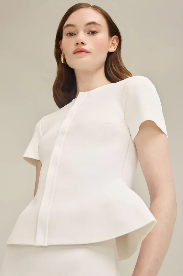 Women Scanlan Theodore Jackets CREPE KNIT SHORT SLEEVE PEPLUM JACKET White Women Scanlan Theodore Jackets CREPE KNIT SHORT SLEEVE PEPLUM JACKET White