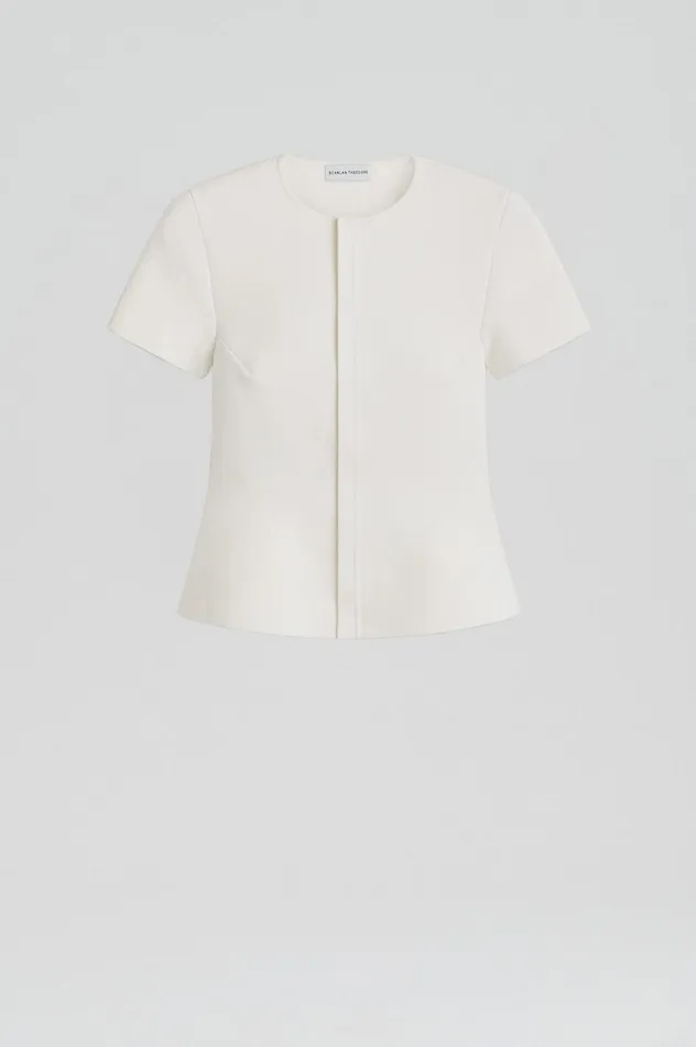 Women Scanlan Theodore Jackets CREPE KNIT SHORT SLEEVE PEPLUM JACKET White Women Scanlan Theodore Jackets CREPE KNIT SHORT SLEEVE PEPLUM JACKET White
