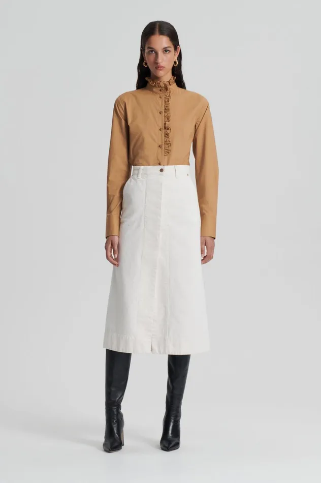 Women Scanlan Theodore Shirts PARACHUTE RUFFLE TRIM SHIRT Camel