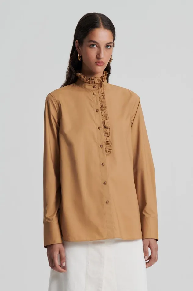 Women Scanlan Theodore Shirts PARACHUTE RUFFLE TRIM SHIRT Camel Women Scanlan Theodore Shirts PARACHUTE RUFFLE TRIM SHIRT Camel