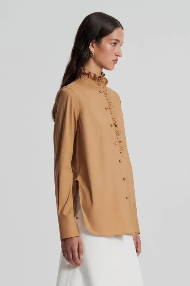 Women Scanlan Theodore Shirts PARACHUTE RUFFLE TRIM SHIRT Camel Women Scanlan Theodore Shirts PARACHUTE RUFFLE TRIM SHIRT Camel
