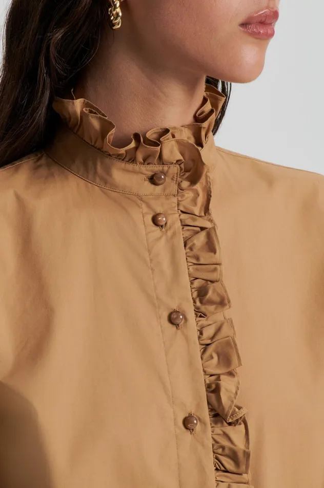 Women Scanlan Theodore Shirts PARACHUTE RUFFLE TRIM SHIRT Camel Women Scanlan Theodore Shirts PARACHUTE RUFFLE TRIM SHIRT Camel
