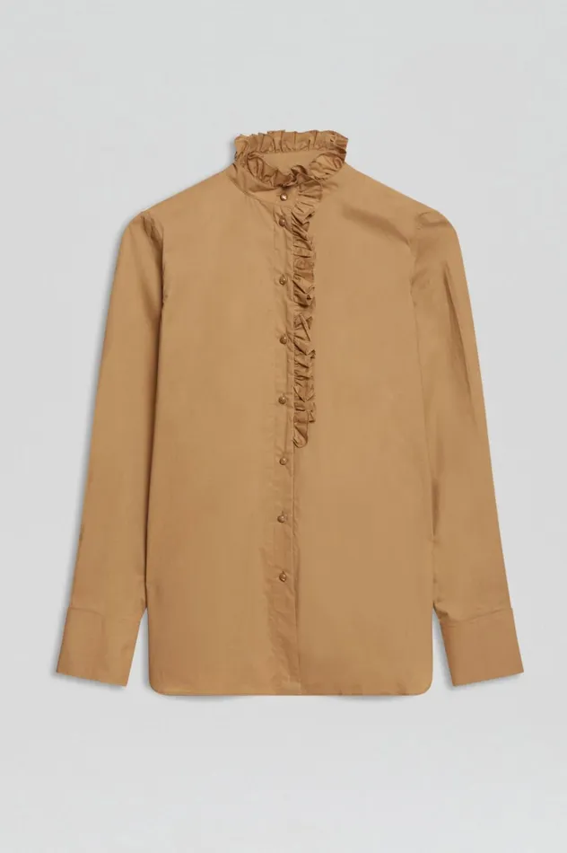 Women Scanlan Theodore Shirts PARACHUTE RUFFLE TRIM SHIRT Camel Women Scanlan Theodore Shirts PARACHUTE RUFFLE TRIM SHIRT Camel