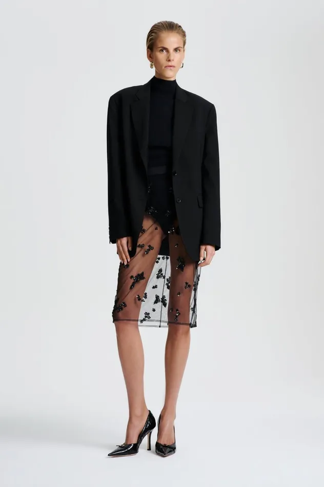 Women Scanlan Theodore Skirts BEADED TULLE PENCIL SKIRT Black