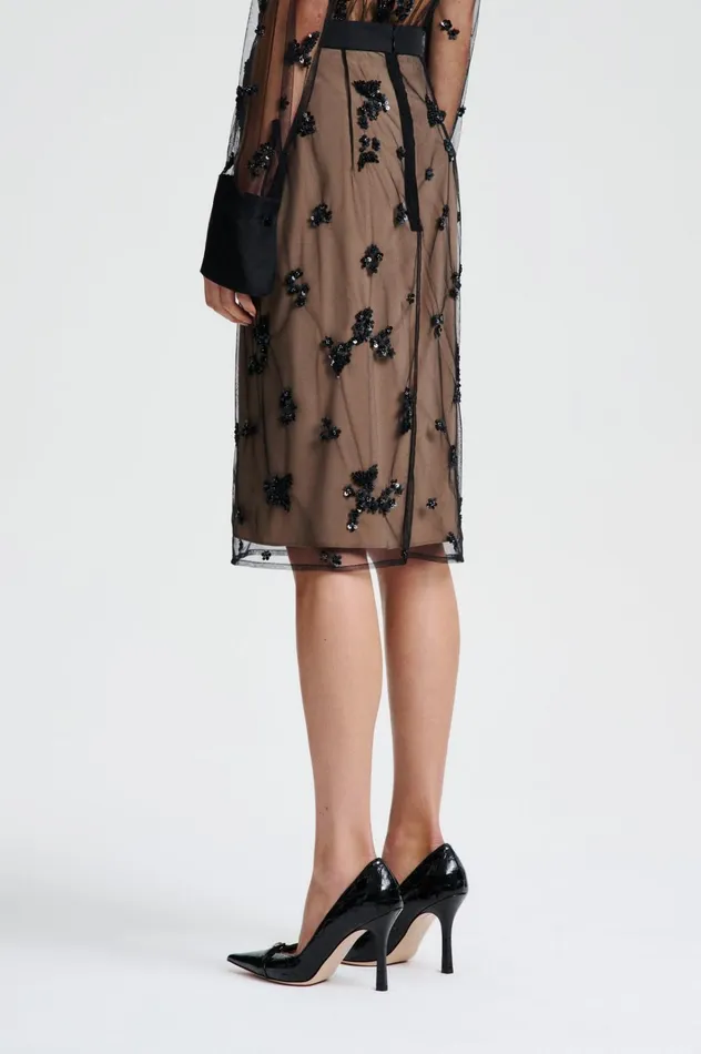 Women Scanlan Theodore Skirts BEADED TULLE PENCIL SKIRT Black Women Scanlan Theodore Skirts BEADED TULLE PENCIL SKIRT Black