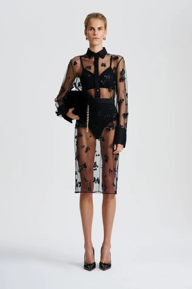 Women Scanlan Theodore Skirts BEADED TULLE PENCIL SKIRT Black Women Scanlan Theodore Skirts BEADED TULLE PENCIL SKIRT Black