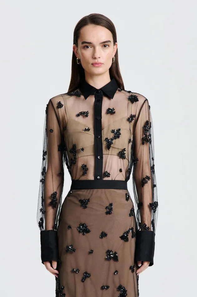 Women Scanlan Theodore Tops BEADED TULLE SHIRT Black Women Scanlan Theodore Tops BEADED TULLE SHIRT Black