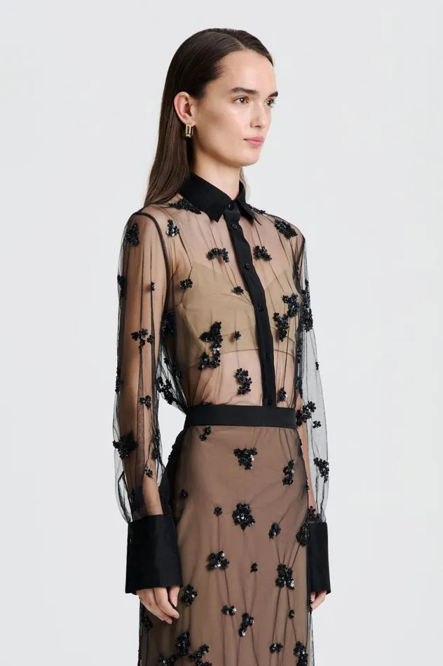 Women Scanlan Theodore Tops BEADED TULLE SHIRT Black Women Scanlan Theodore Tops BEADED TULLE SHIRT Black