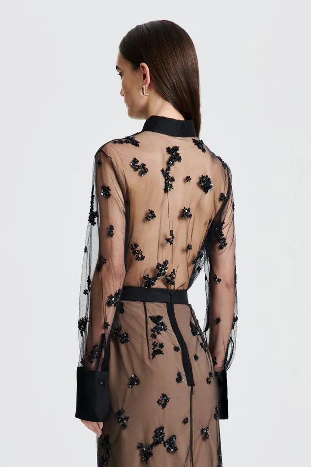 Women Scanlan Theodore Tops BEADED TULLE SHIRT Black Women Scanlan Theodore Tops BEADED TULLE SHIRT Black