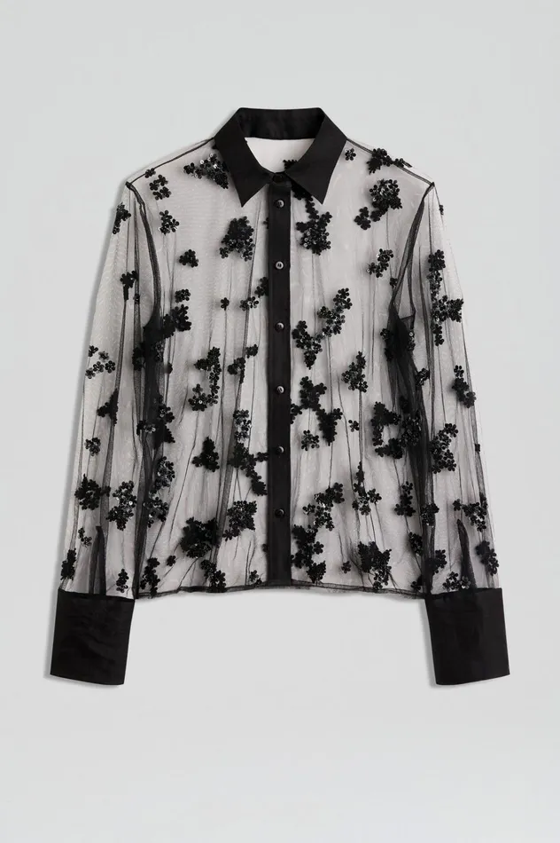 Women Scanlan Theodore Tops BEADED TULLE SHIRT Black Women Scanlan Theodore Tops BEADED TULLE SHIRT Black