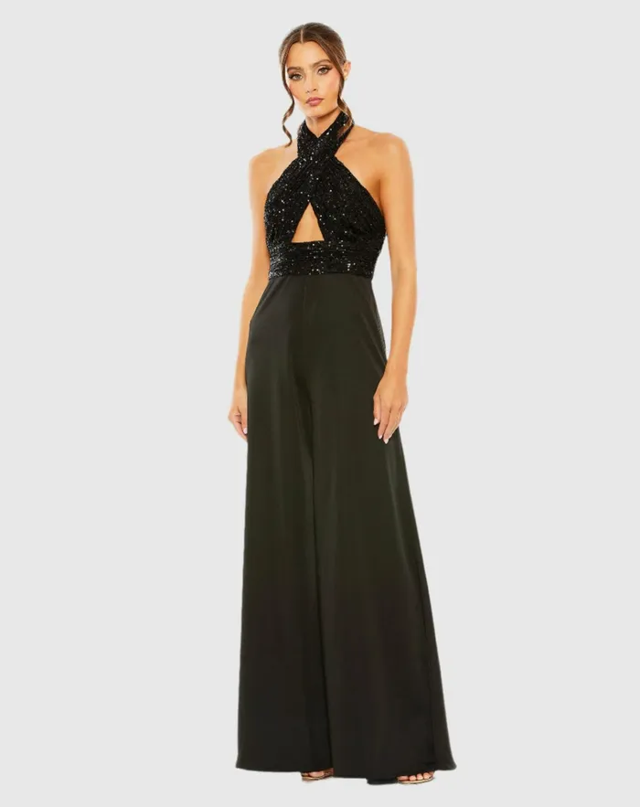 Women Sequined Cross Neck Halter Jumpsuit Black Jumpsuits and Rompers Mac Duggal