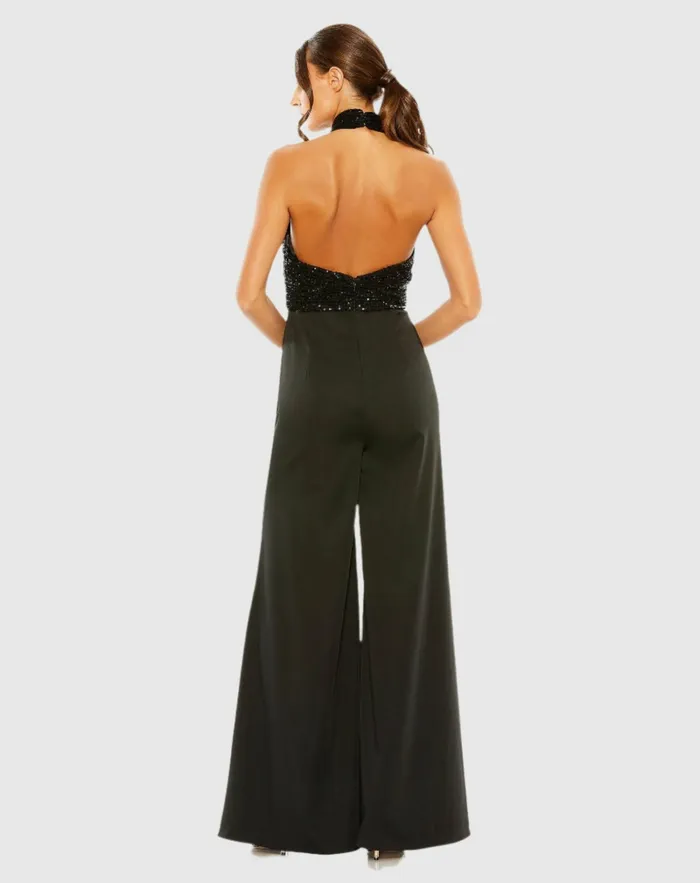 Women Sequined Cross Neck Halter Jumpsuit Black Jumpsuits and Rompers Mac Duggal Women Sequined Cross Neck Halter Jumpsuit Black Jumpsuits and Rompers Mac Duggal