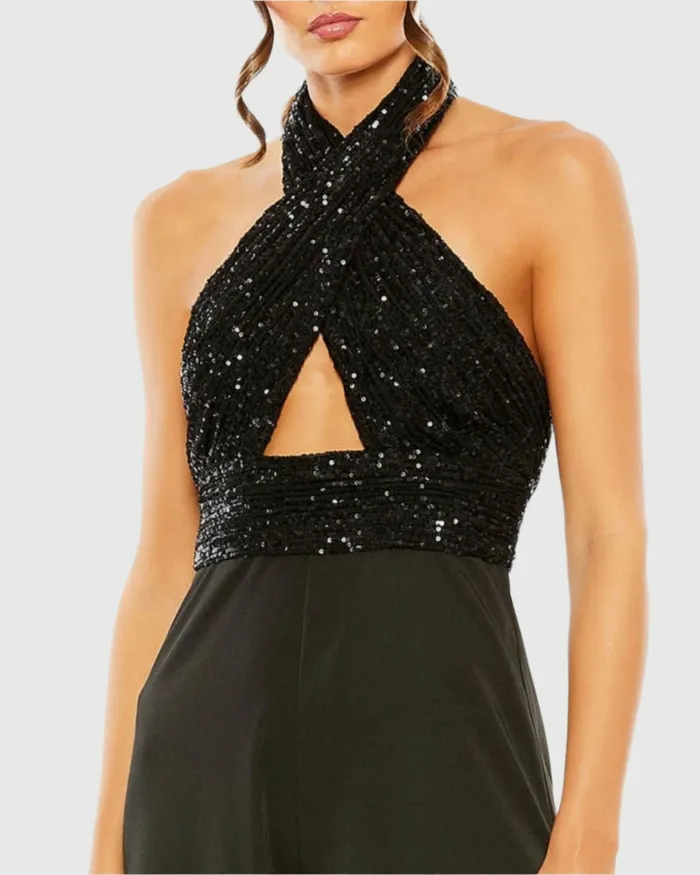 Women Sequined Cross Neck Halter Jumpsuit Black Jumpsuits and Rompers Mac Duggal Women Sequined Cross Neck Halter Jumpsuit Black Jumpsuits and Rompers Mac Duggal