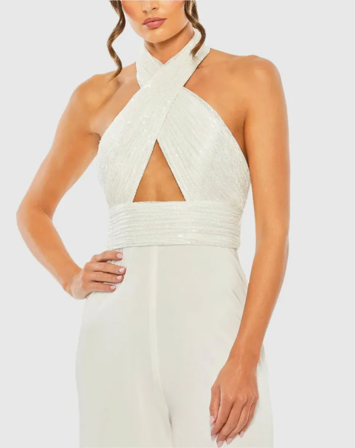 Women Sequined Cross Neck Halter Jumpsuit Black Jumpsuits and Rompers Mac Duggal Women Sequined Cross Neck Halter Jumpsuit Black Jumpsuits and Rompers Mac Duggal
