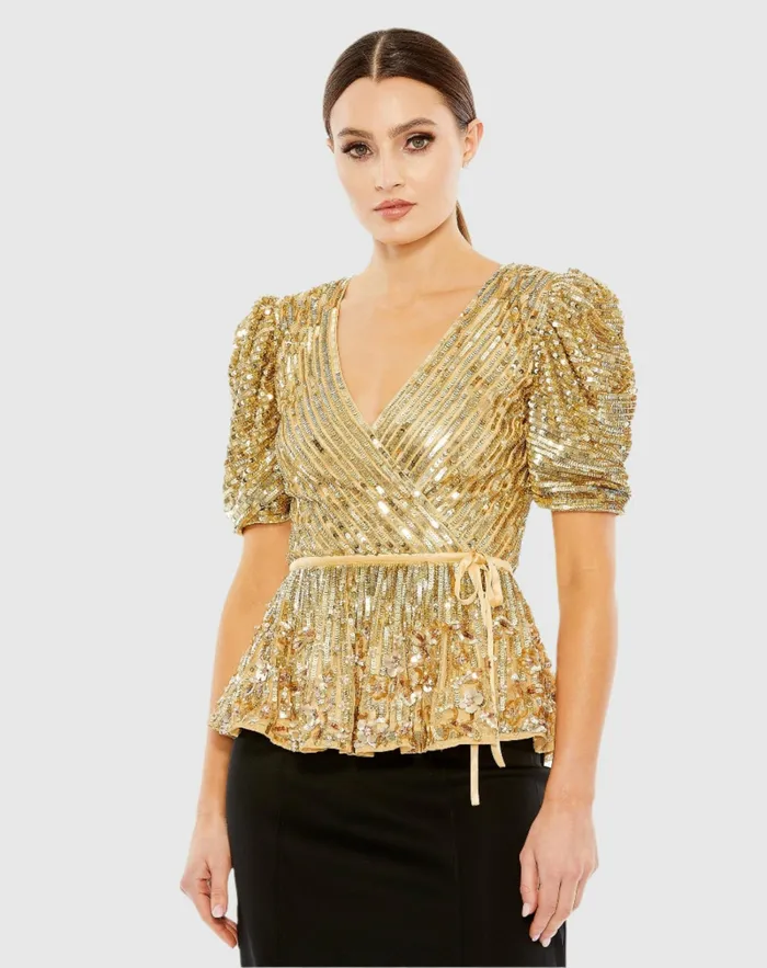 Women Sequined Puff Sleeve Faux Wrap Top 8211 FINAL SALE Gold Blouses and Tops Mac Duggal