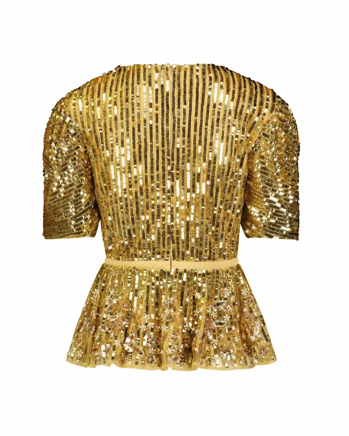 Women Sequined Puff Sleeve Faux Wrap Top 8211 FINAL SALE Gold Blouses and Tops Mac Duggal