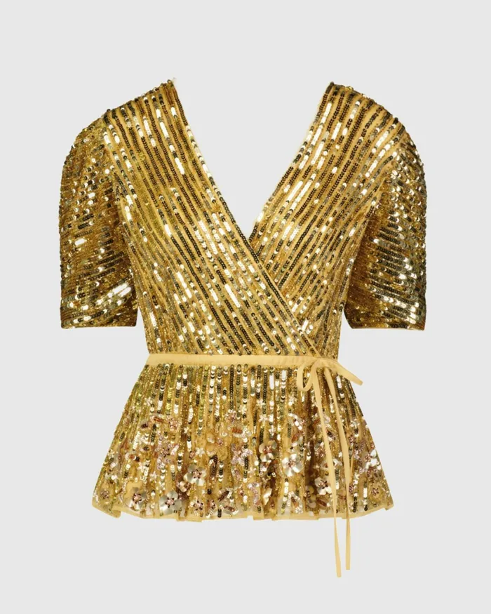 Women Sequined Puff Sleeve Faux Wrap Top 8211 FINAL SALE Gold Blouses and Tops Mac Duggal