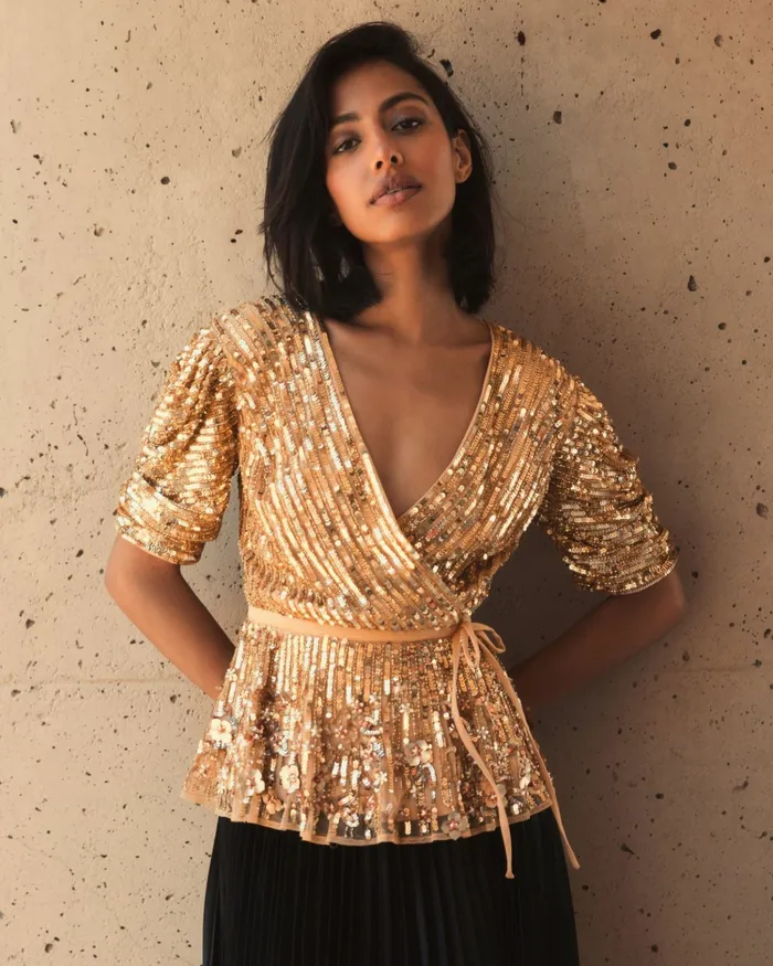 Women Sequined Puff Sleeve Faux Wrap Top 8211 FINAL SALE Gold Blouses and Tops Mac Duggal