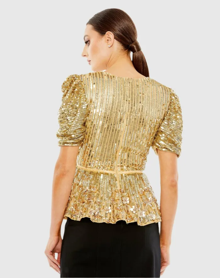 Women Sequined Puff Sleeve Faux Wrap Top 8211 FINAL SALE Gold Blouses and Tops Mac Duggal