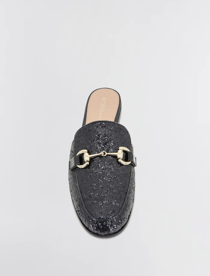 Women Shoes BCBG Black Glitter Zorie Loafer Mule Black Rock Glitter