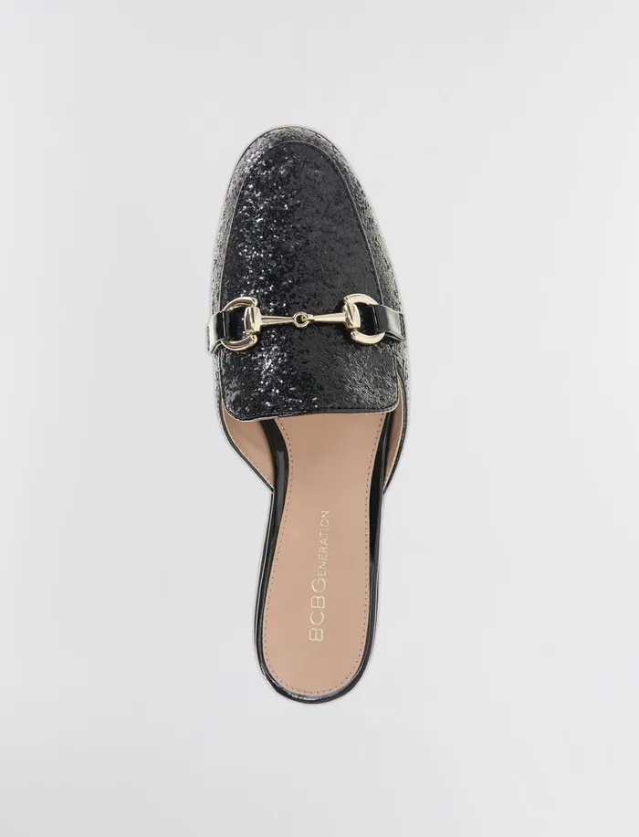 Women Shoes BCBG Black Glitter Zorie Loafer Mule Black Rock Glitter