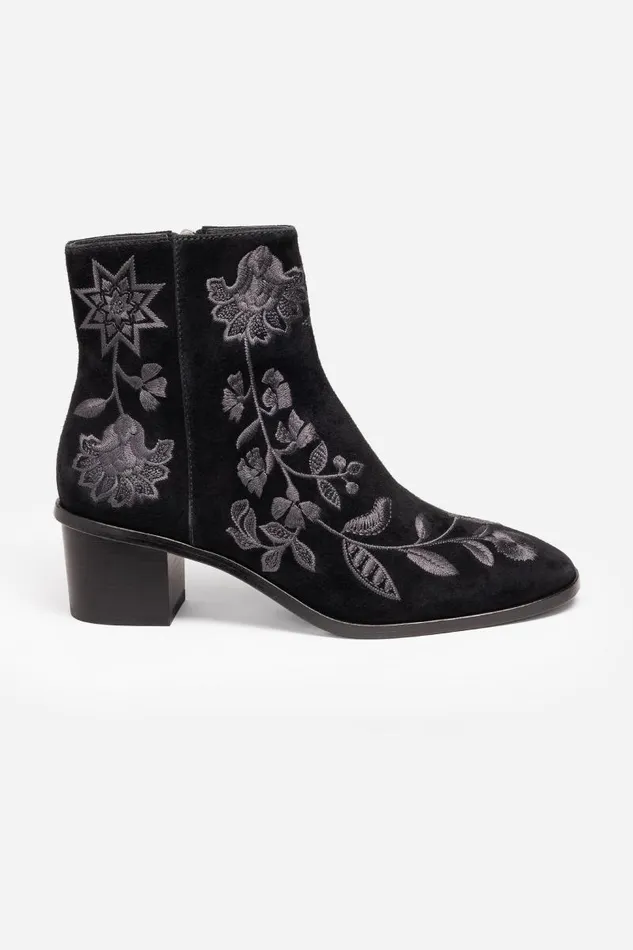 Women Shoes Johnny Was CHIARA EMBROIDERED SUEDE BOOTIE Black