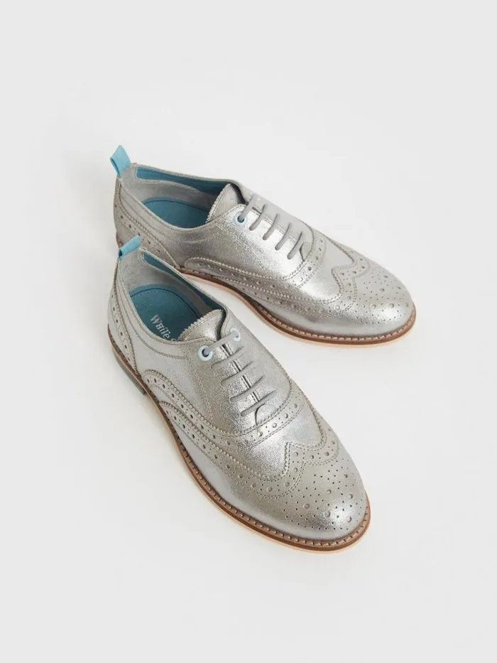 Women SHOES White Stuff Thistle Lace Up Brogue Silver Tone Metallic