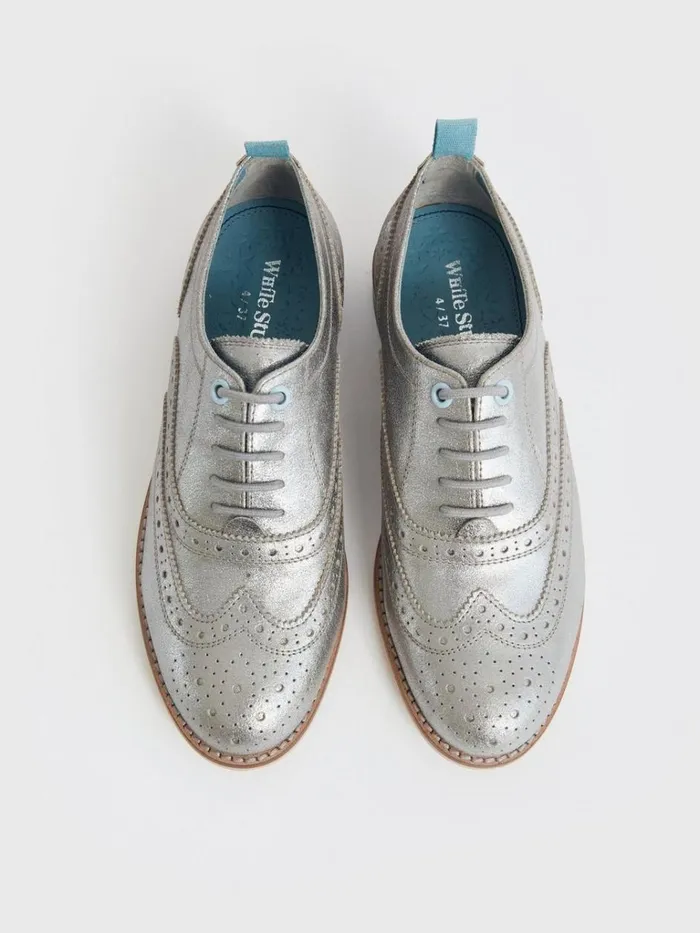 Women SHOES White Stuff Thistle Lace Up Brogue Silver Tone Metallic