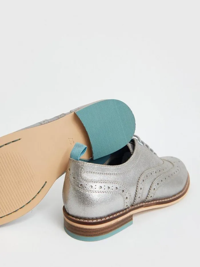 Women SHOES White Stuff Thistle Lace Up Brogue Silver Tone Metallic
