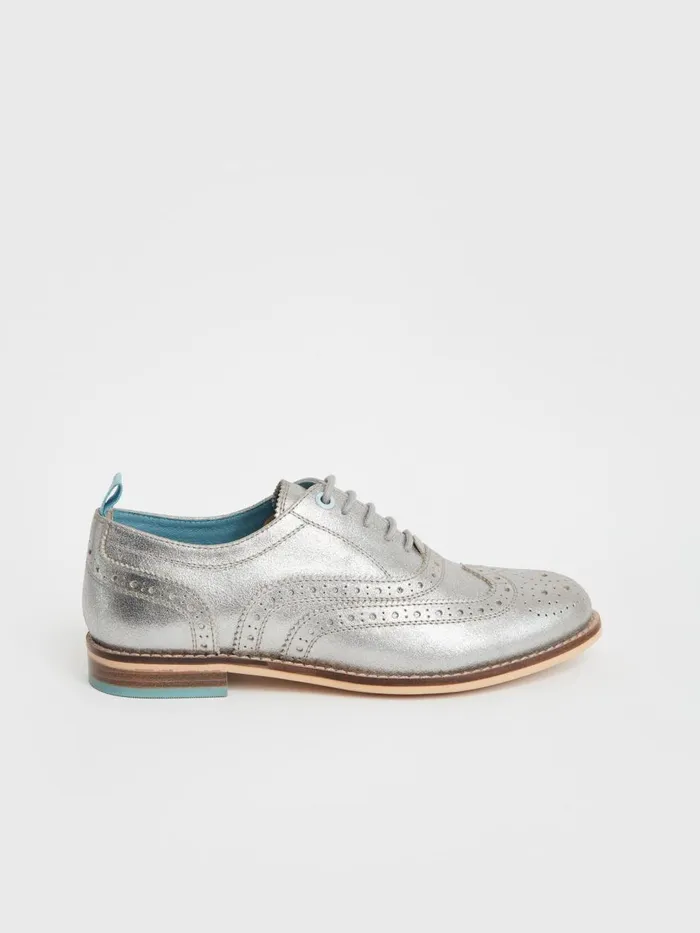 Women SHOES White Stuff Thistle Lace Up Brogue Silver Tone Metallic